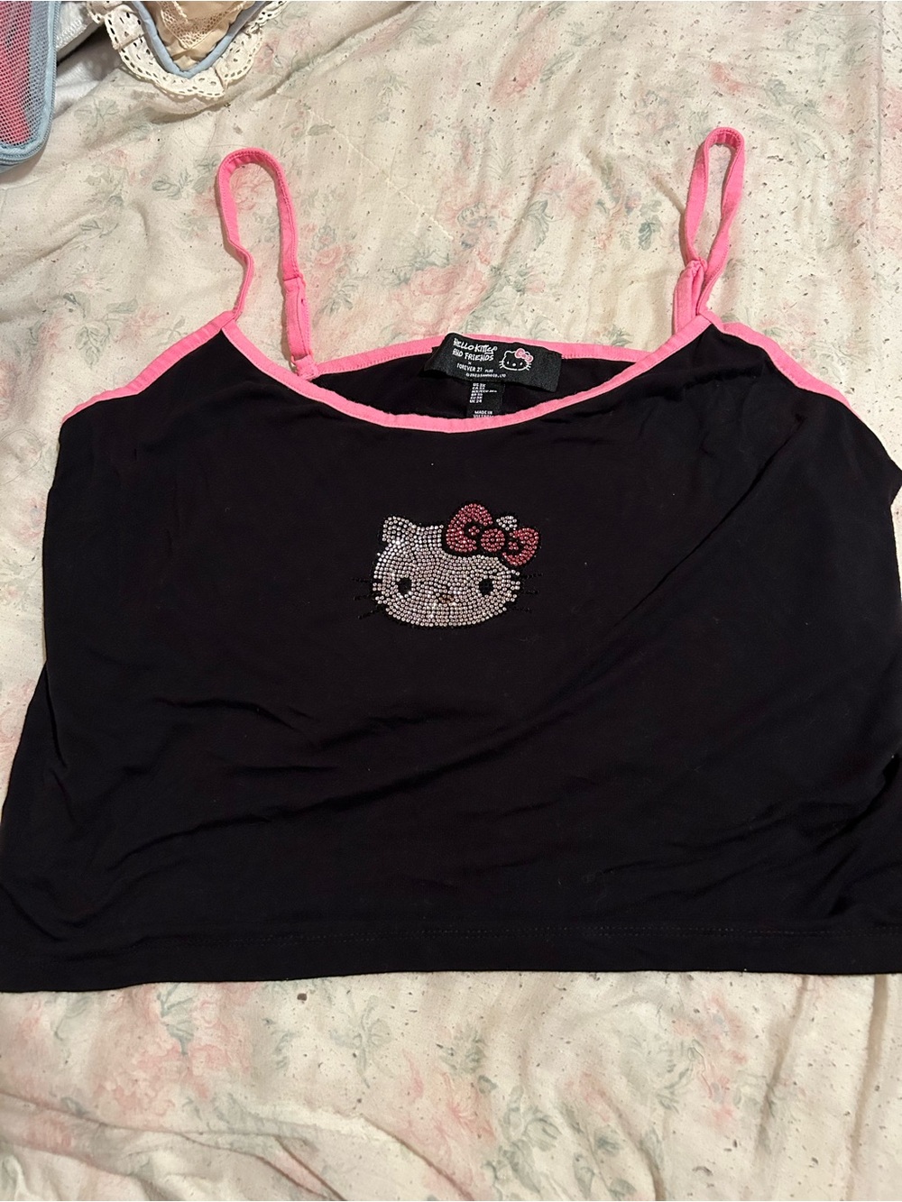 Forever 21 Black Cami with Pink Trim & Rhinestone Hello Kitty